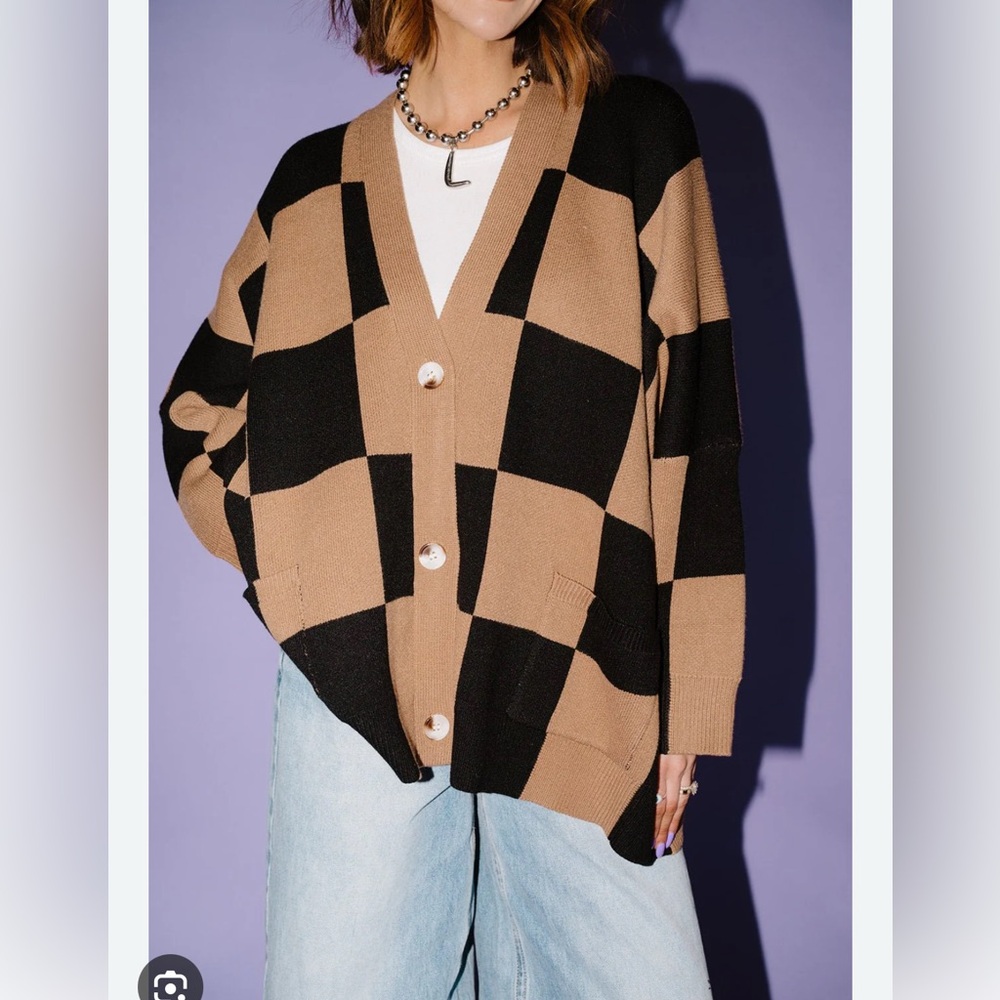 Love You Oversized Checkerboard Cardigan in Black + Latte *RESTOCKED*
